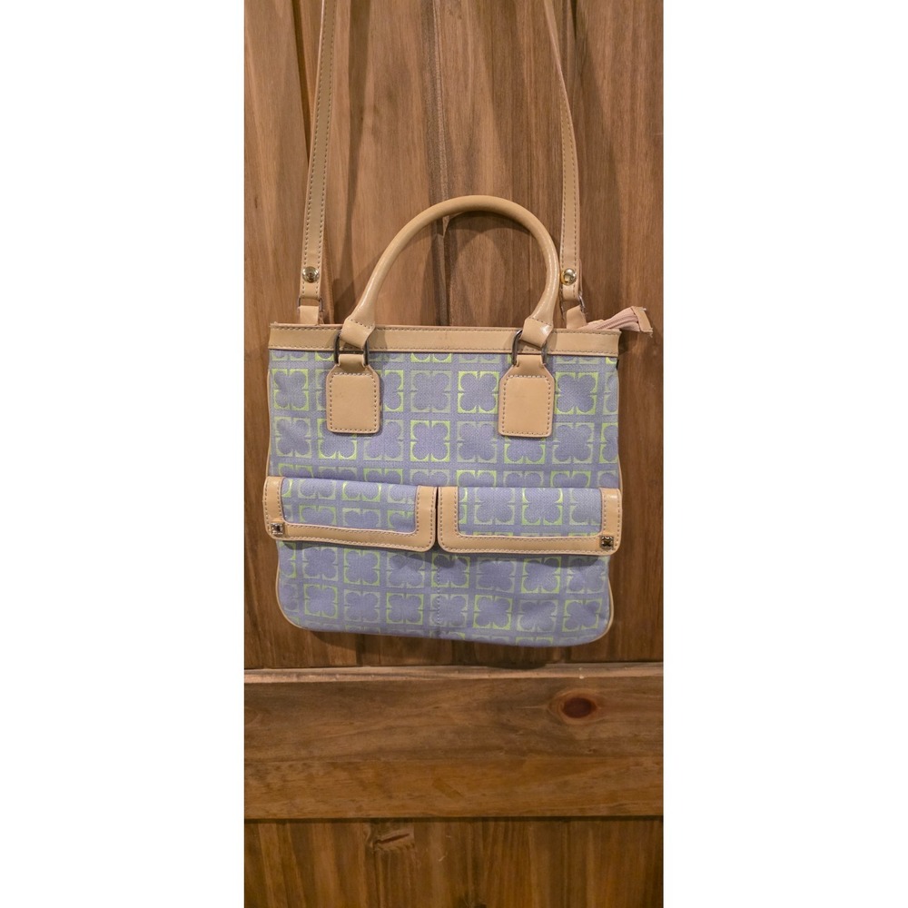 Liz Claiborne Tote Handbag Womens Blue Geometric Canvas Leather Trim Classic - Picture 3 of 11